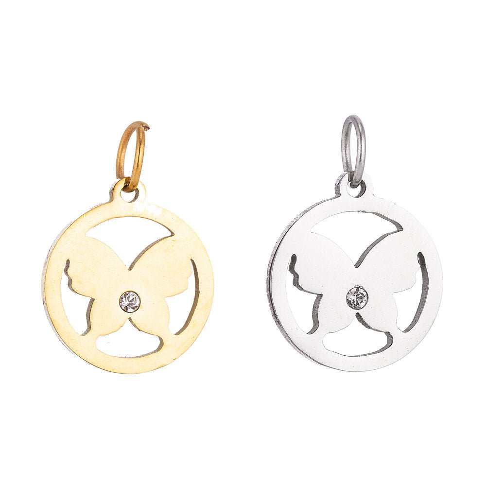 Stainless Steel Gold Simple Butterfly Medallion Cubic Zirconia Bracelet Charm Necklace Pendant Findings for Jewelry Making E-632 - DLUXCA