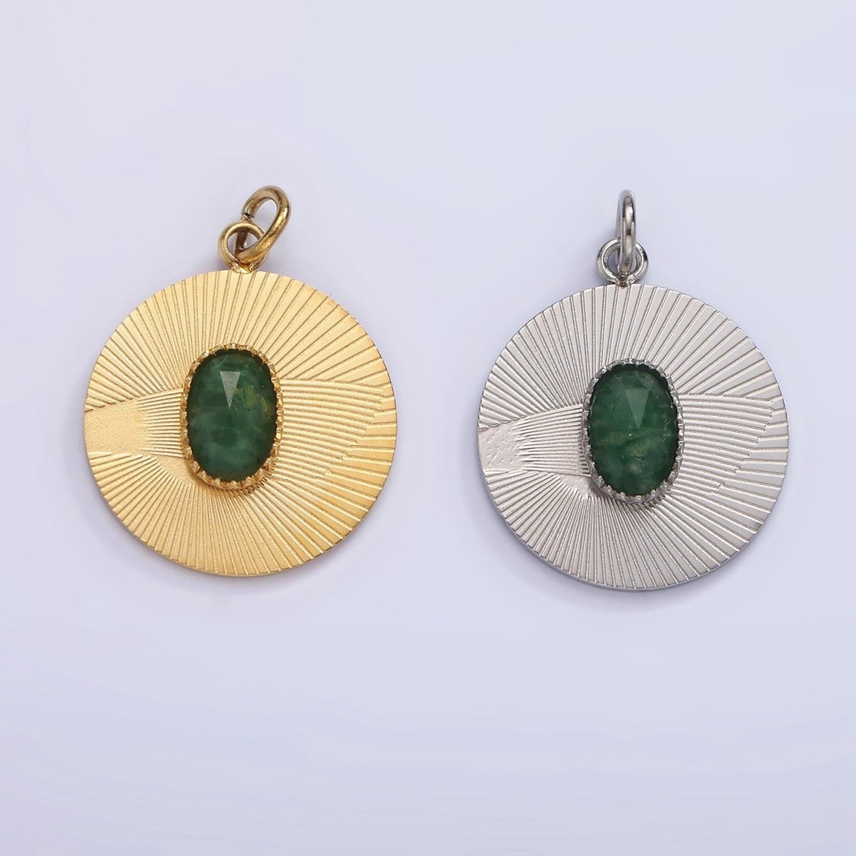 Stainless Steel Green Aventurine Multifaceted Cabochon Line-Textured Round Charm in Gold & Silver | P1328 P1329 - DLUXCA