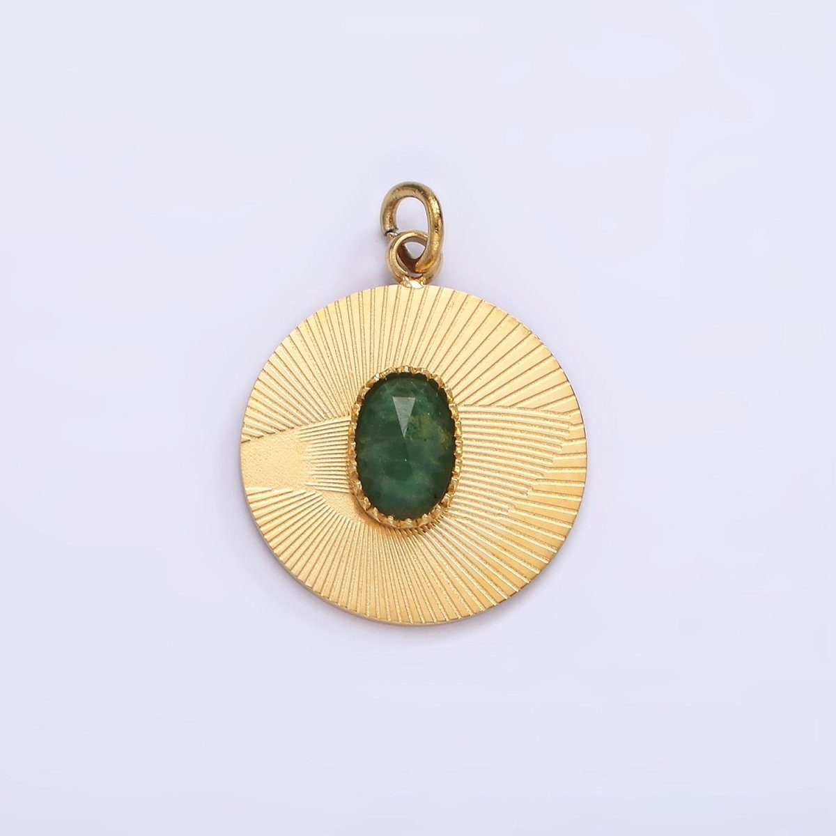 Stainless Steel Green Aventurine Multifaceted Cabochon Line-Textured Round Charm in Gold & Silver | P1328 P1329 - DLUXCA