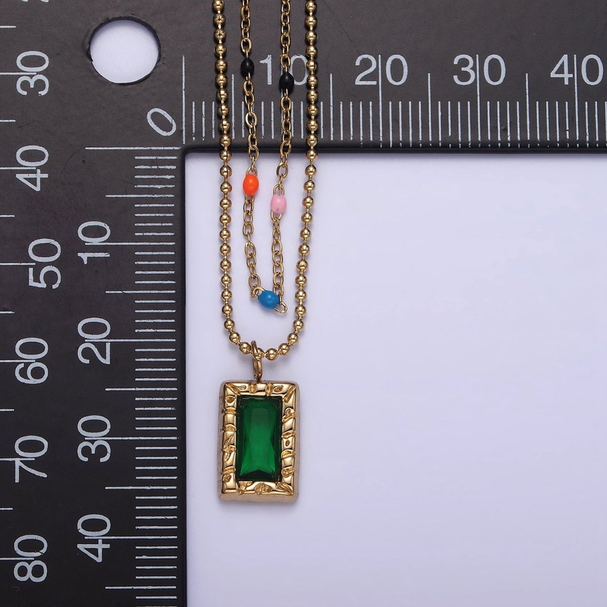 Stainless Steel Green Baguette Hammered Bead Enamel Satellite Double Layer Stack Necklace | WA-2066 Clearance Pricing - DLUXCA