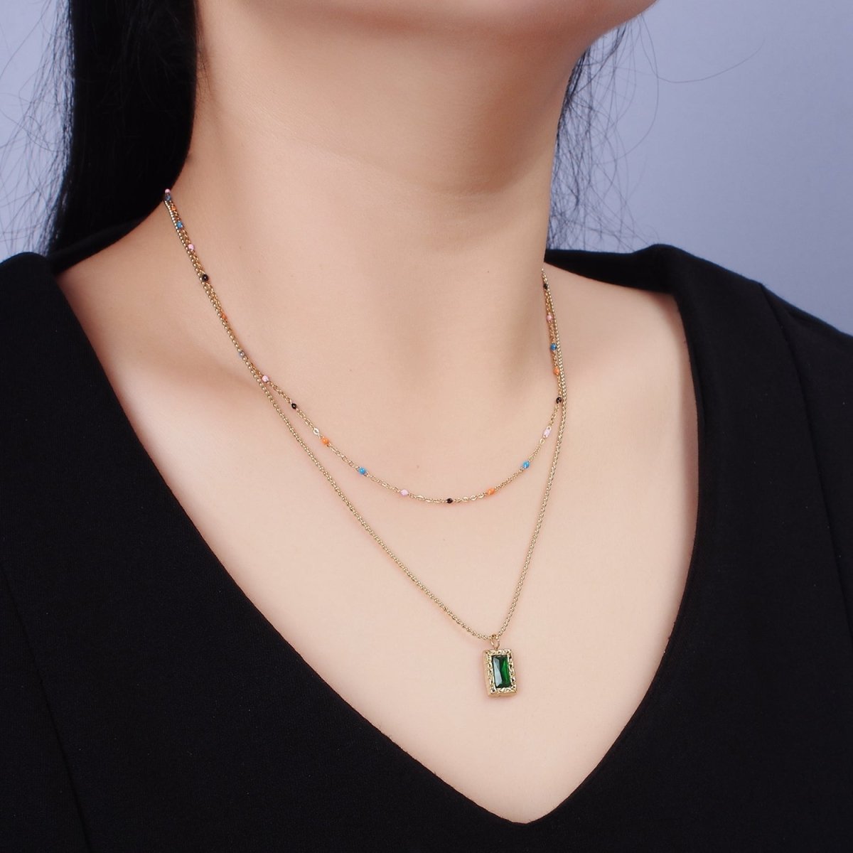 Stainless Steel Green Baguette Hammered Bead Enamel Satellite Double Layer Stack Necklace | WA-2066 Clearance Pricing - DLUXCA