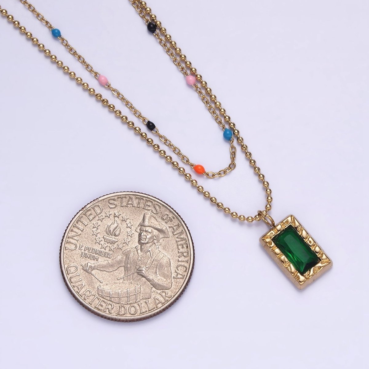 Stainless Steel Green Baguette Hammered Bead Enamel Satellite Double Layer Stack Necklace | WA-2066 Clearance Pricing - DLUXCA
