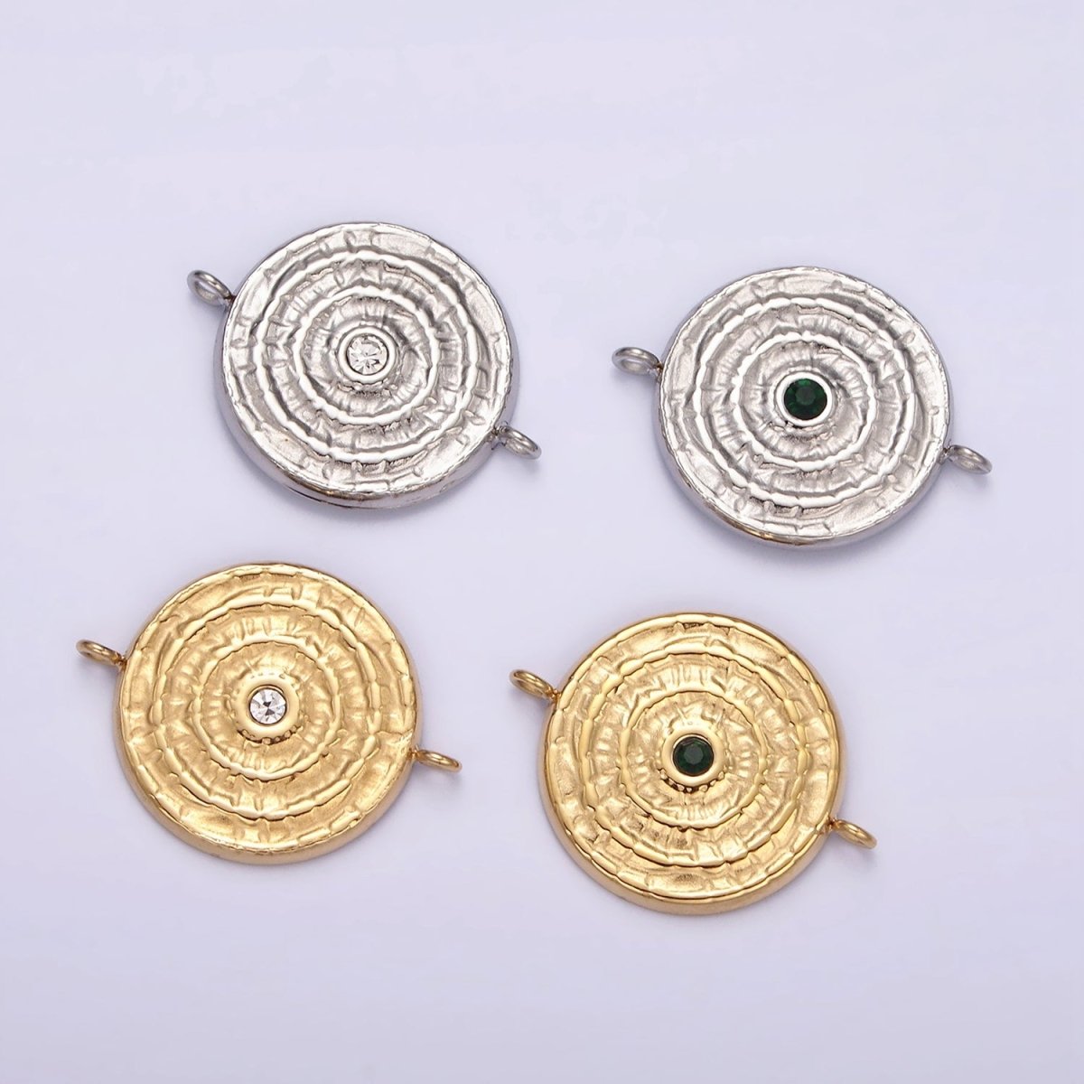Stainless Steel Green, Clear CZ 15mm Textured Circular Round Connector in Gold & Silver | P-684~P-687 - DLUXCA
