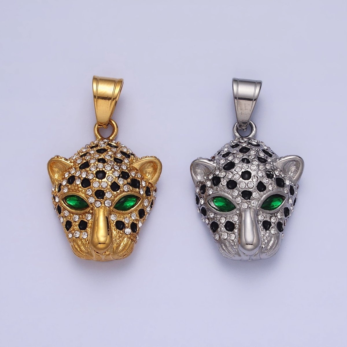 Stainless Steel Green-Eyed CZ Jaguar Animal Black White Micro Paved CZ Gold & Silver Pendant J-755 J-758 - DLUXCA