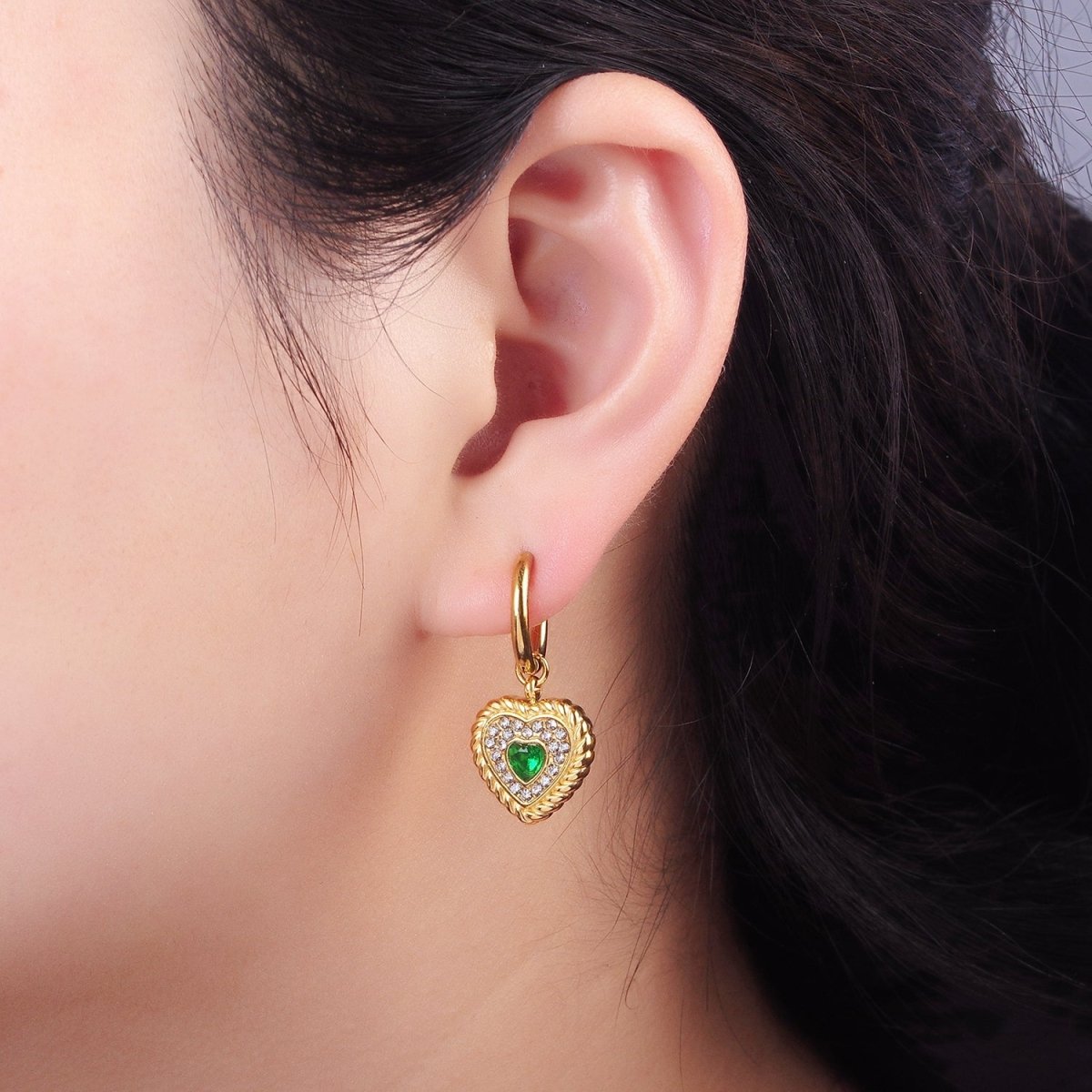 Stainless Steel Green Heart CZ Micro Paved Croissant Heart Drop Huggie Earrings | AE456 - DLUXCA