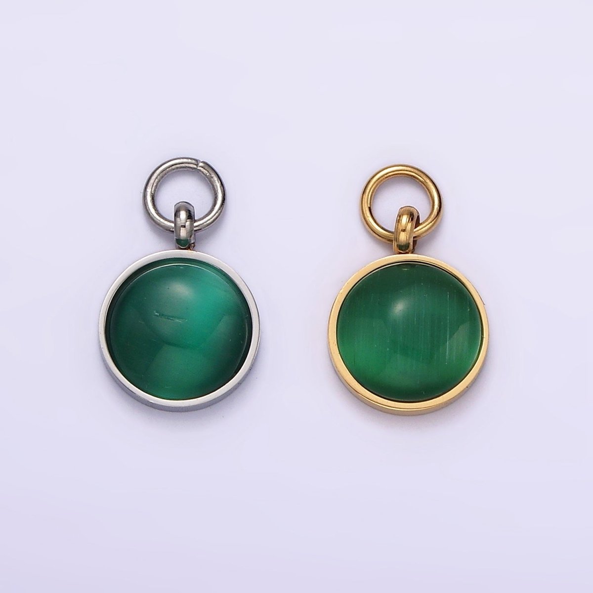 Stainless Steel Green Malachite Round Gemstone Charm in Gold & Silver | P1265 P1266 - DLUXCA