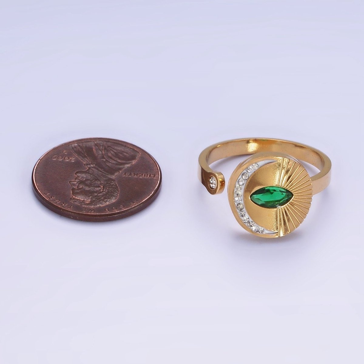 Stainless Steel Green Marquise CZ Celestial Crescent Moon Lined Sunburst Round Wrap Ring | O1296 - DLUXCA