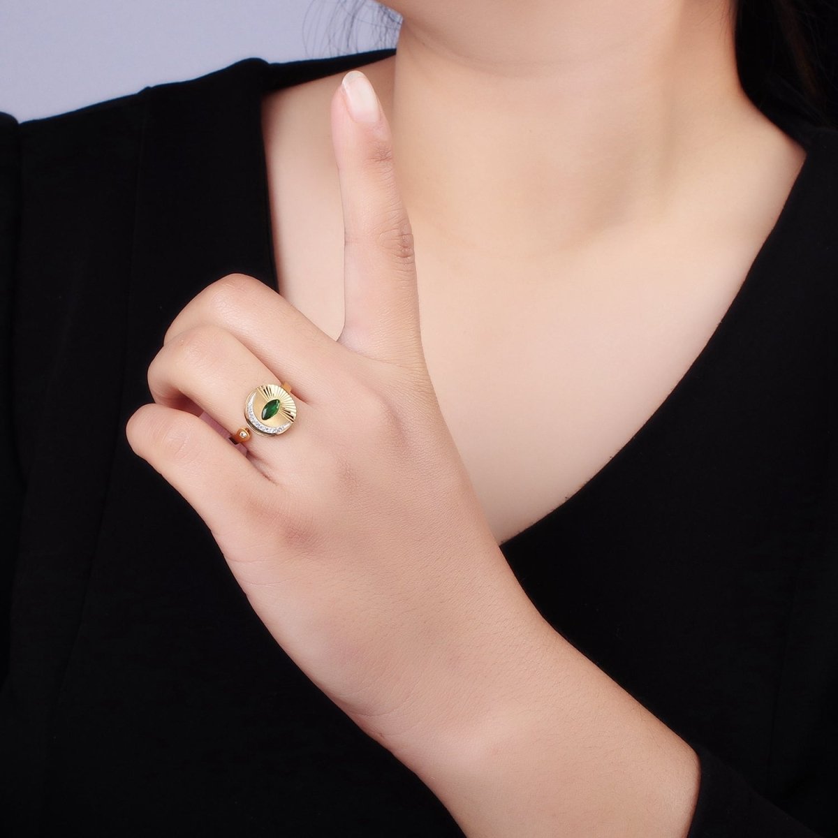 Stainless Steel Green Marquise CZ Celestial Crescent Moon Lined Sunburst Round Wrap Ring | O1296 - DLUXCA