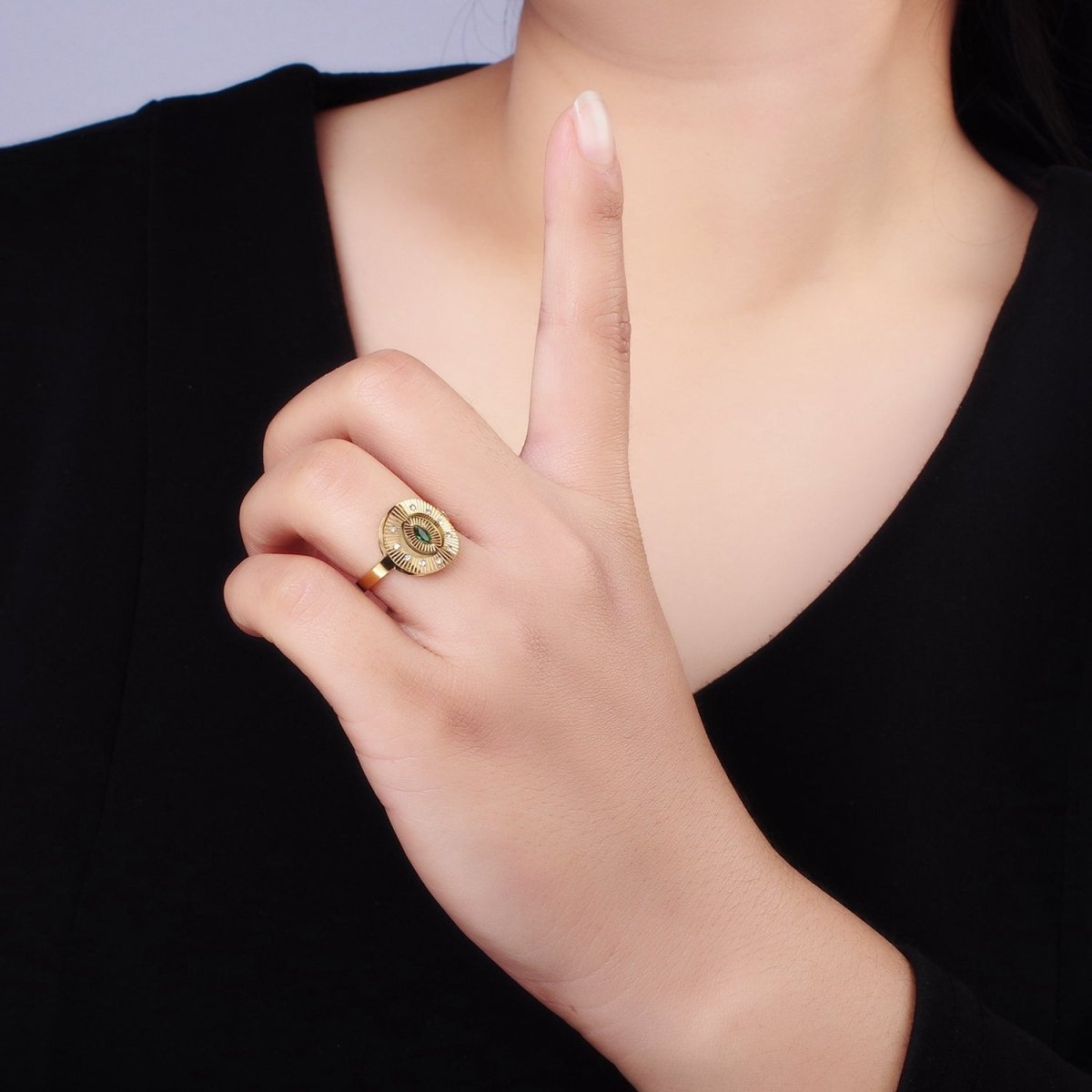 Stainless Steel Green Marquise CZ Dotted Sunburst Lined Oval Wrap Ring | O1288 - DLUXCA