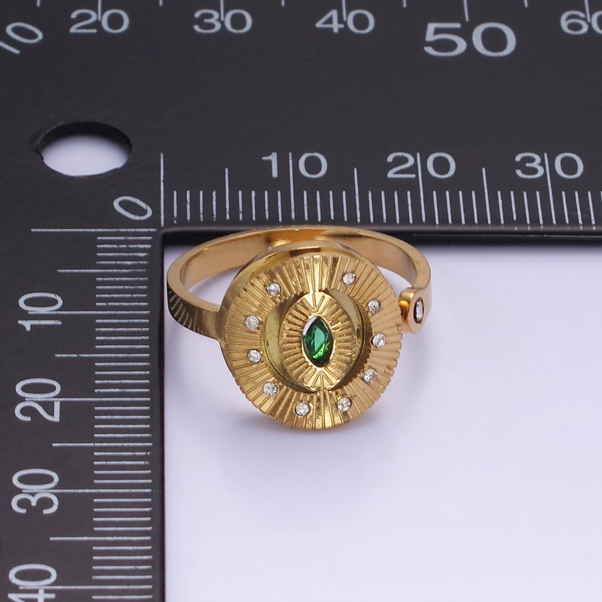 Stainless Steel Green Marquise CZ Dotted Sunburst Lined Oval Wrap Ring | O1288 - DLUXCA