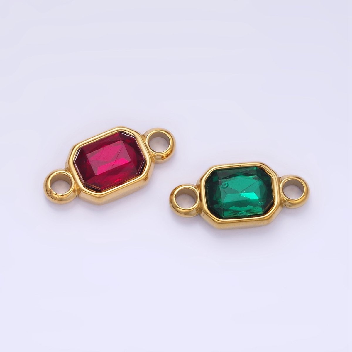 Stainless Steel Green, Red Multifaceted CZ Hexagonal Bezel Connector | G362 - DLUXCA