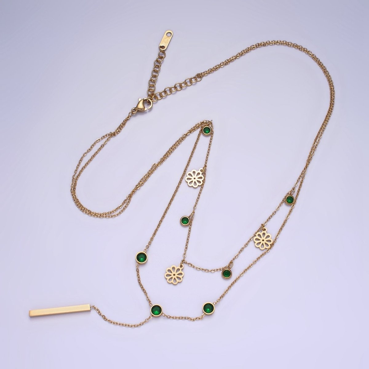 Stainless Steel Green Round CZ Disc Open Flower Bar Lariat Double Layer Stack Necklace | WA-2057 Clearance Pricing - DLUXCA