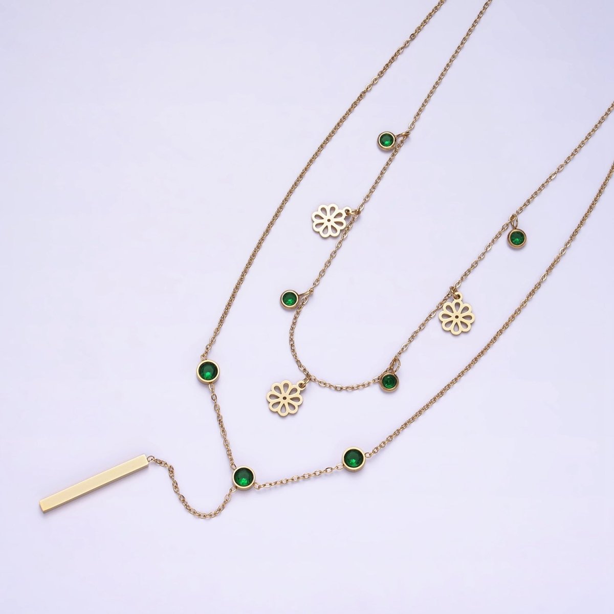 Stainless Steel Green Round CZ Disc Open Flower Bar Lariat Double Layer Stack Necklace | WA-2057 Clearance Pricing - DLUXCA