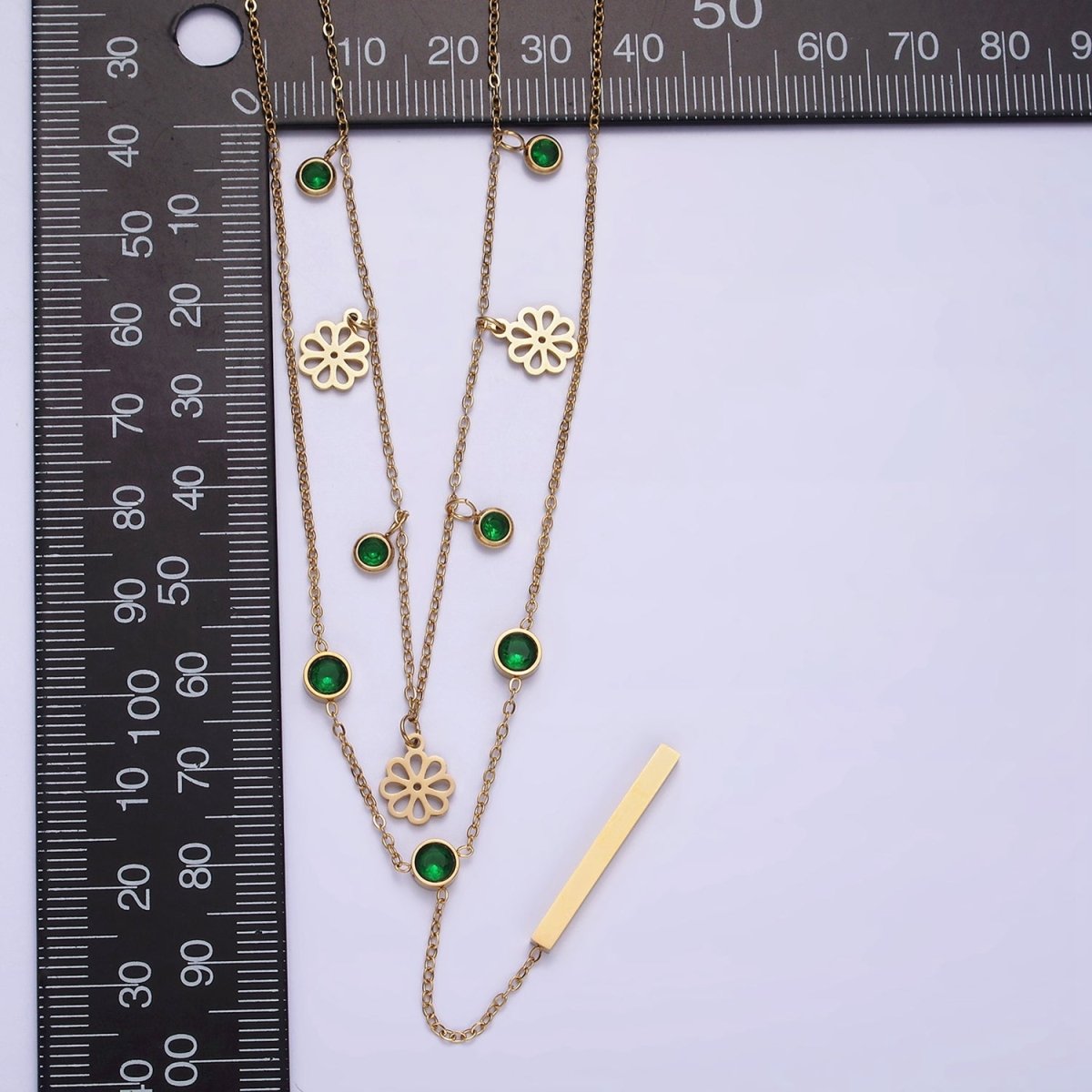 Stainless Steel Green Round CZ Disc Open Flower Bar Lariat Double Layer Stack Necklace | WA-2057 Clearance Pricing - DLUXCA