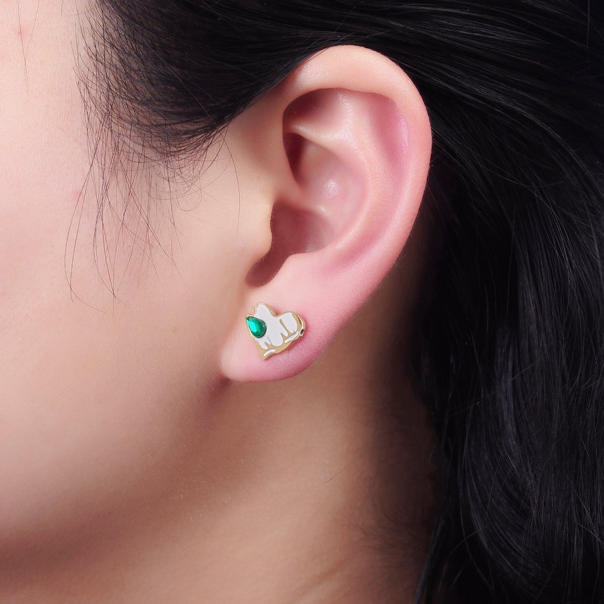 Stainless Steel Green Teardrop CZ White Molten Enamel Heart Stud Earrings | V511 - DLUXCA