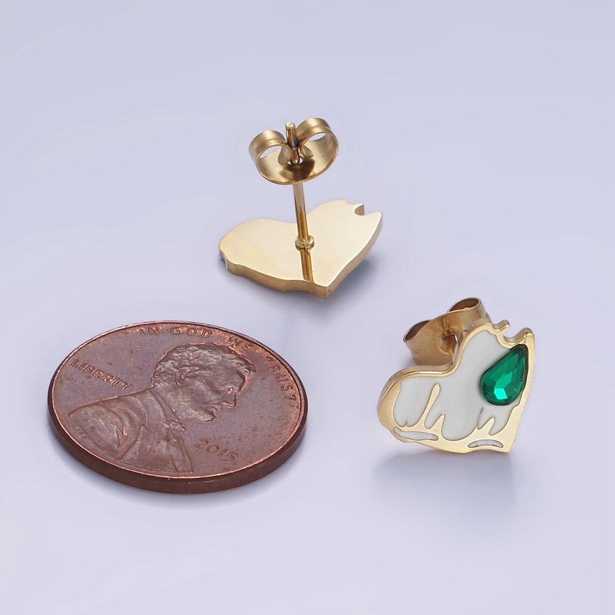Stainless Steel Green Teardrop CZ White Molten Enamel Heart Stud Earrings | V511 - DLUXCA
