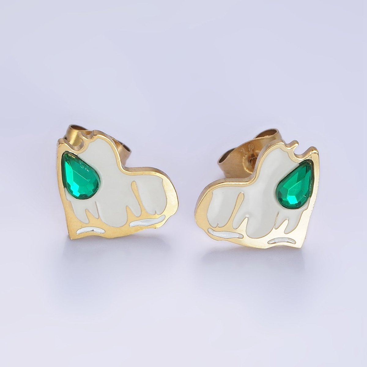 Stainless Steel Green Teardrop CZ White Molten Enamel Heart Stud Earrings | V511 - DLUXCA
