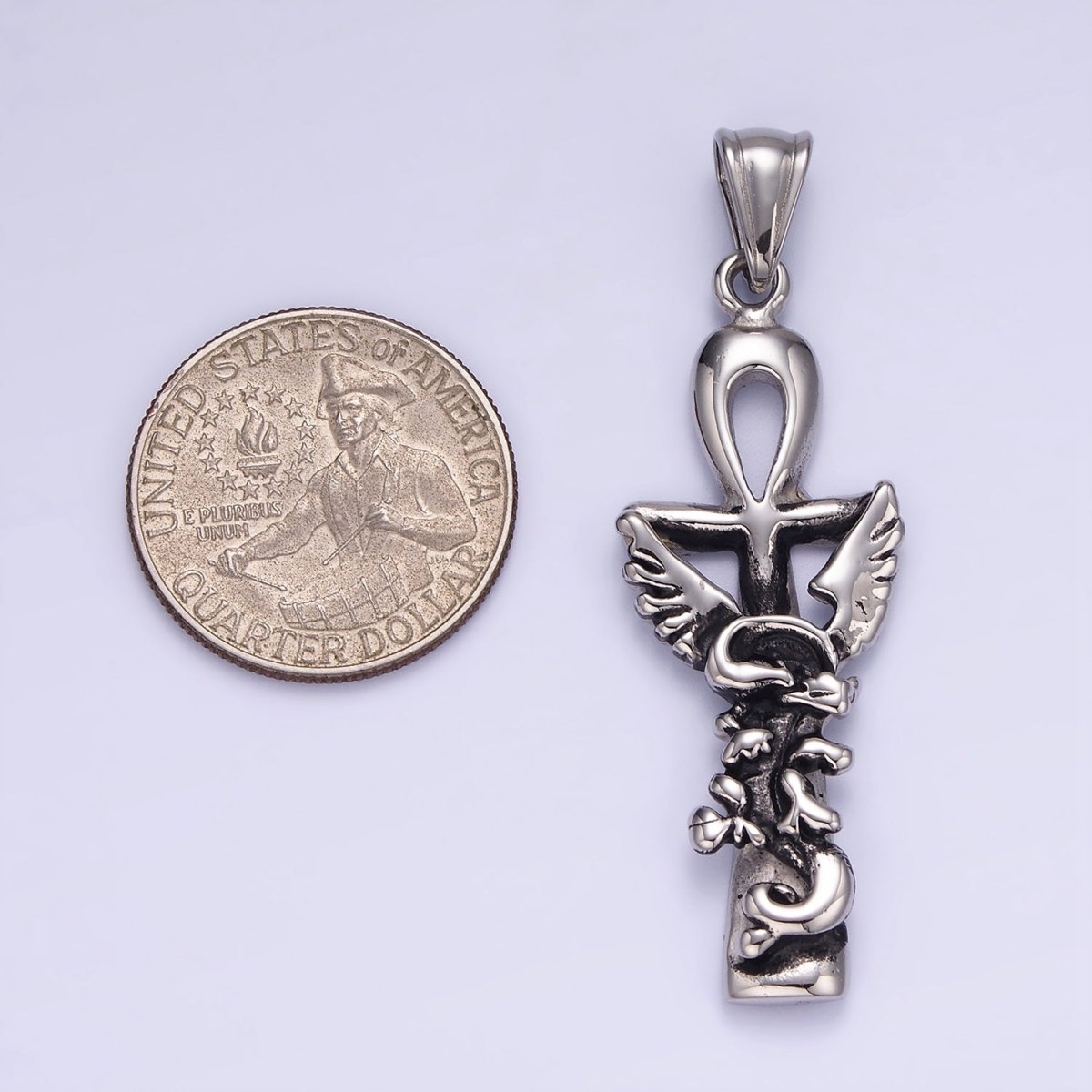 Stainless Steel Griffin Animal Ankh Cross Egyptian Oxidized Silver Pendant | P1410 - DLUXCA
