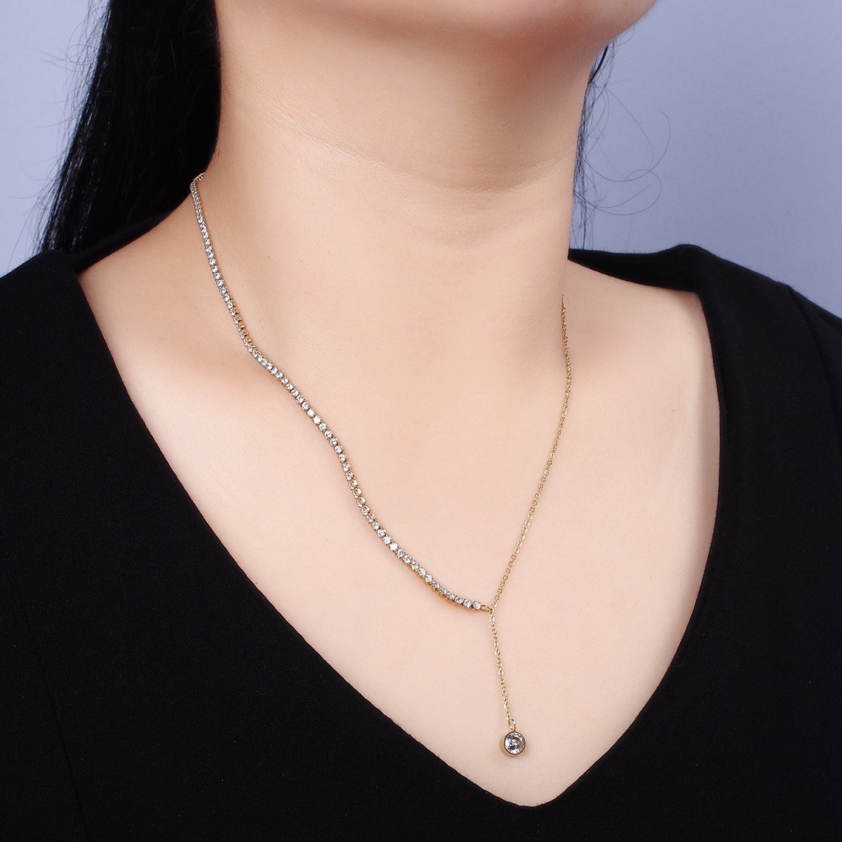 Stainless Steel Half Cable Tennis Chain Clear CZ Round Lariat 18.5 Inch Necklace | WA-2030 Clearance Pricing - DLUXCA