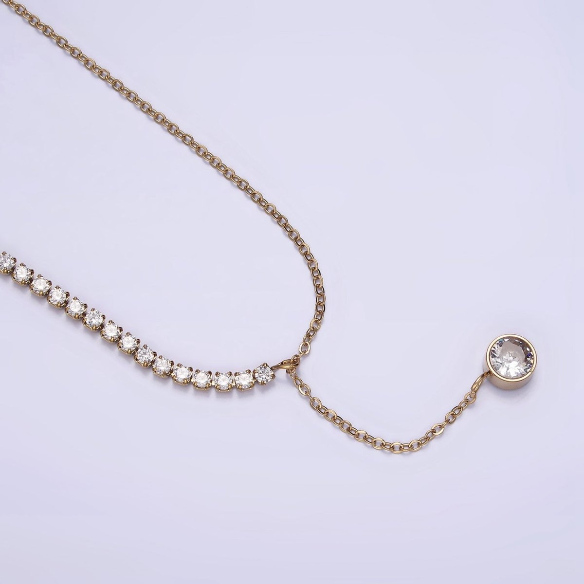 Stainless Steel Half Cable Tennis Chain Clear CZ Round Lariat 18.5 Inch Necklace | WA-2030 Clearance Pricing - DLUXCA