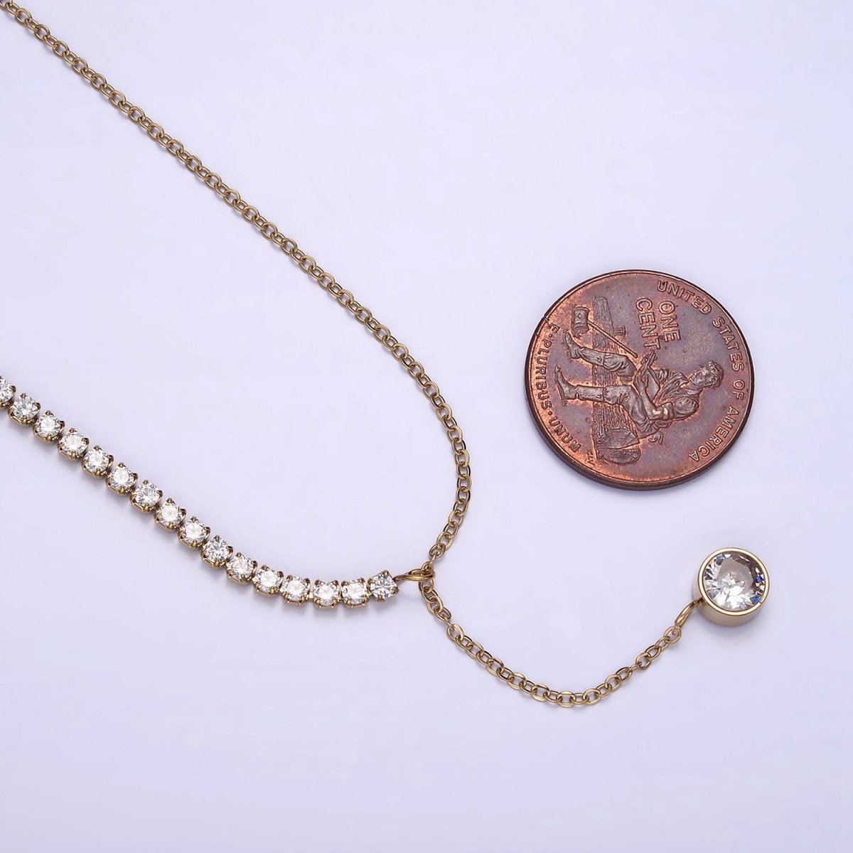 Stainless Steel Half Cable Tennis Chain Clear CZ Round Lariat 18.5 Inch Necklace | WA-2030 Clearance Pricing - DLUXCA