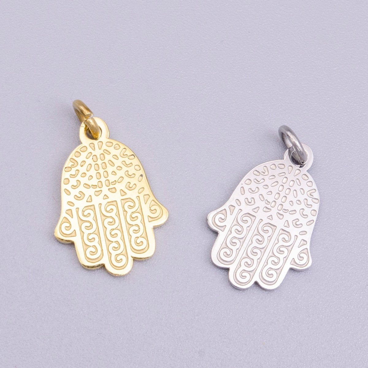 Stainless Steel Hamsa Hand Curl Doodle Engraved Charm in Gold & Silver | P-917 - DLUXCA