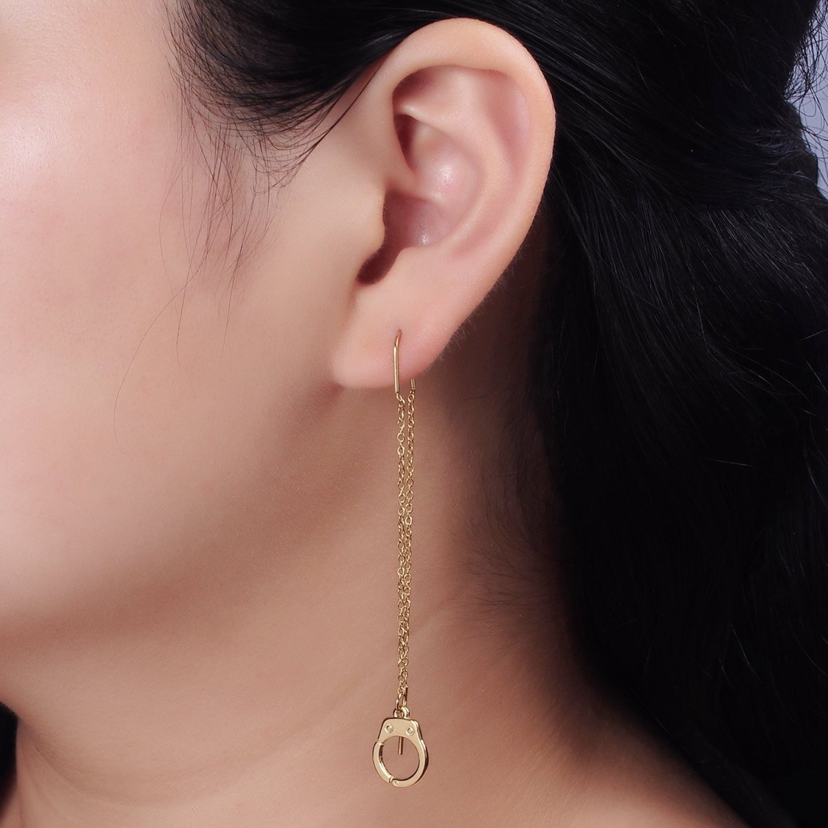 Stainless Steel Hand Cuff Cable Link Chain Threader Earrings | AE745 - DLUXCA