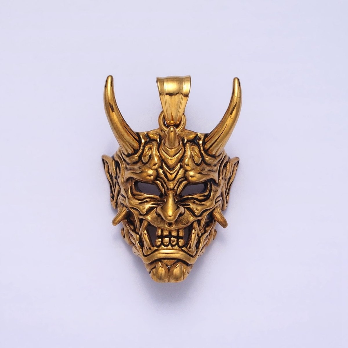 Stainless Steel Horned Monster Mask Men's Pendant in Silver & Gold | P-1133 - DLUXCA