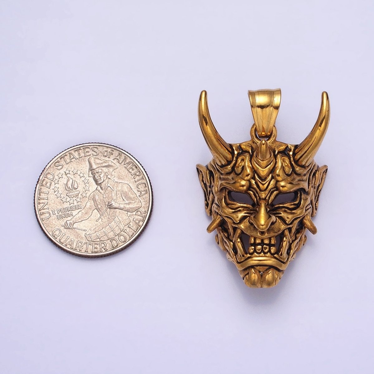 Stainless Steel Horned Monster Mask Men's Pendant in Silver & Gold | P-1133 - DLUXCA