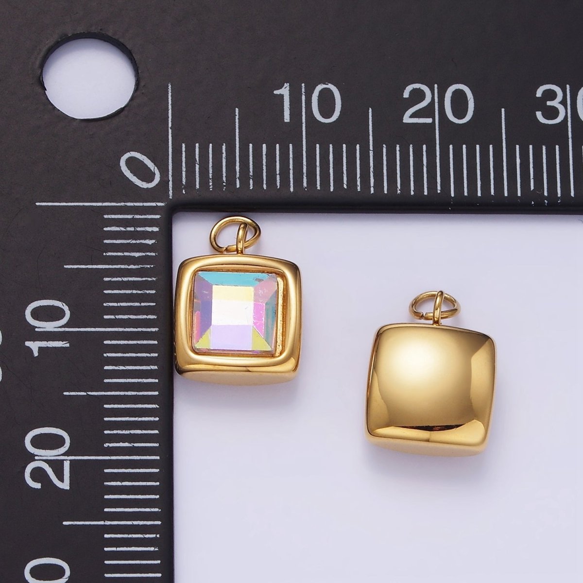 Stainless Steel Iridescent AB CZ Square Bezel Charm | P983 - DLUXCA