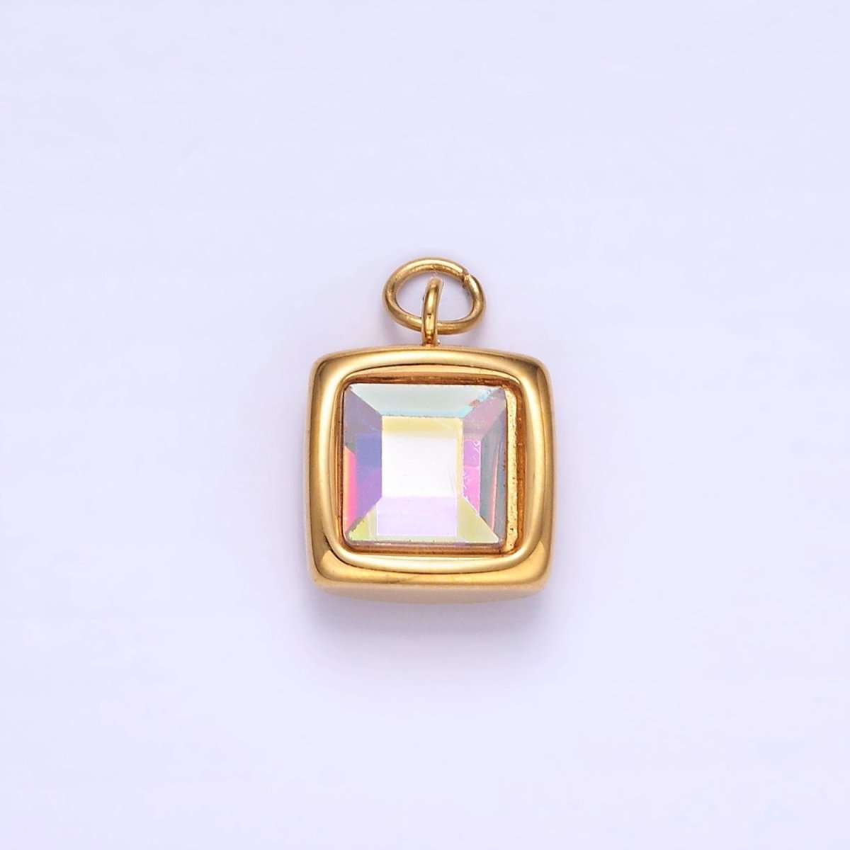 Stainless Steel Iridescent AB CZ Square Bezel Charm | P983 - DLUXCA