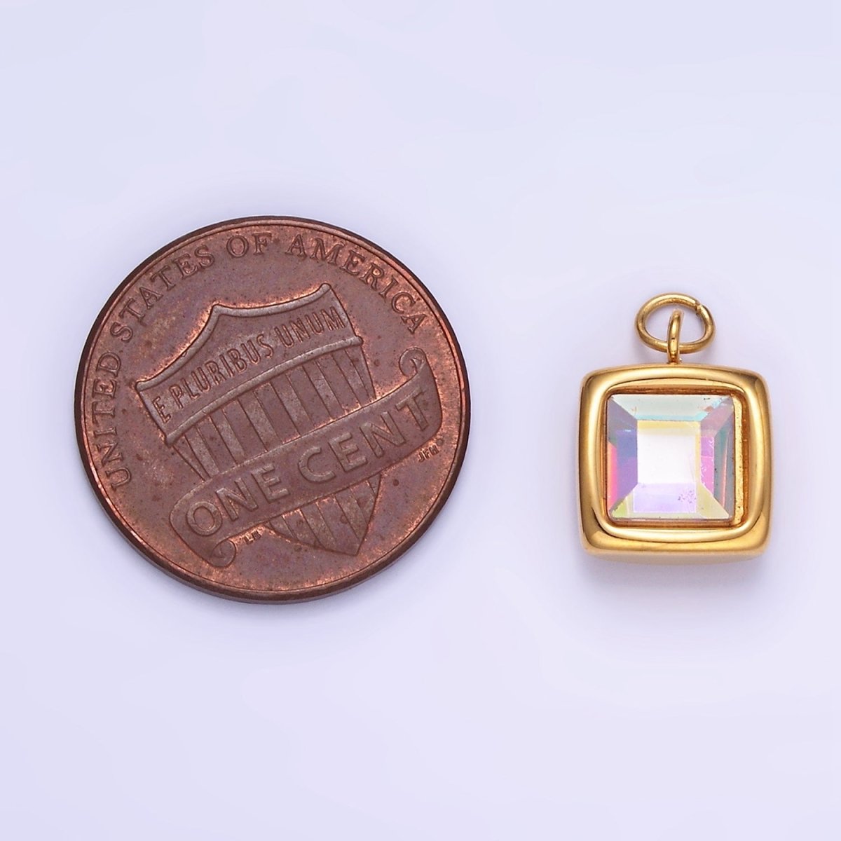 Stainless Steel Iridescent AB CZ Square Bezel Charm | P983 - DLUXCA