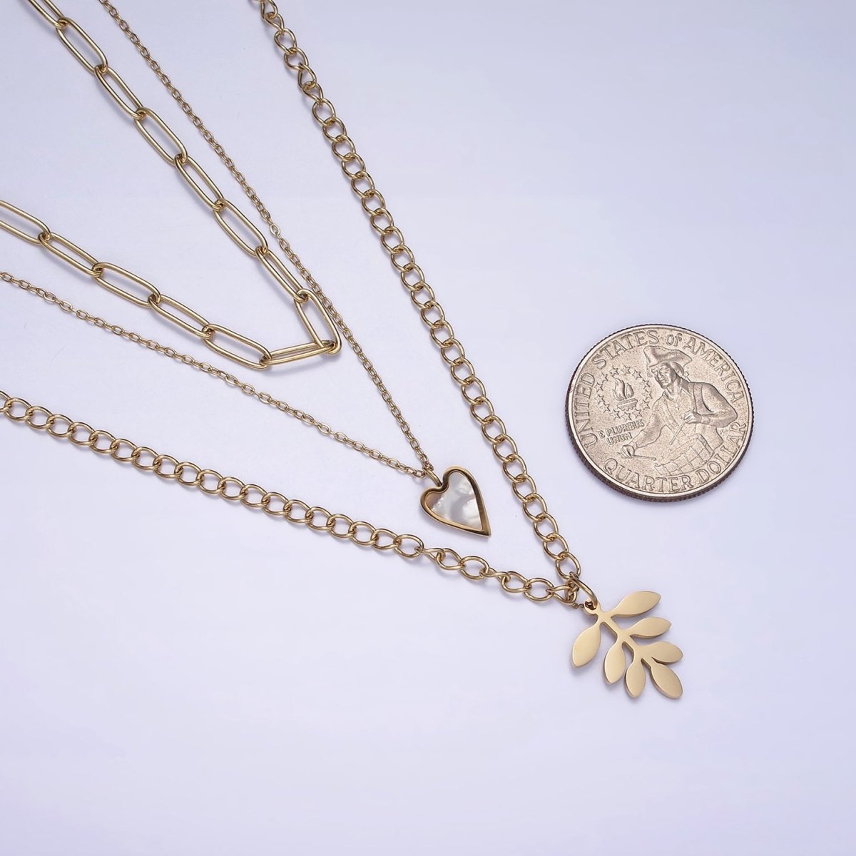 Stainless Steel Leaf Heart Shell Pearl Curb Cable Paperclip Triple Layer Stack Necklace | WA-2070 Clearance Pricing - DLUXCA