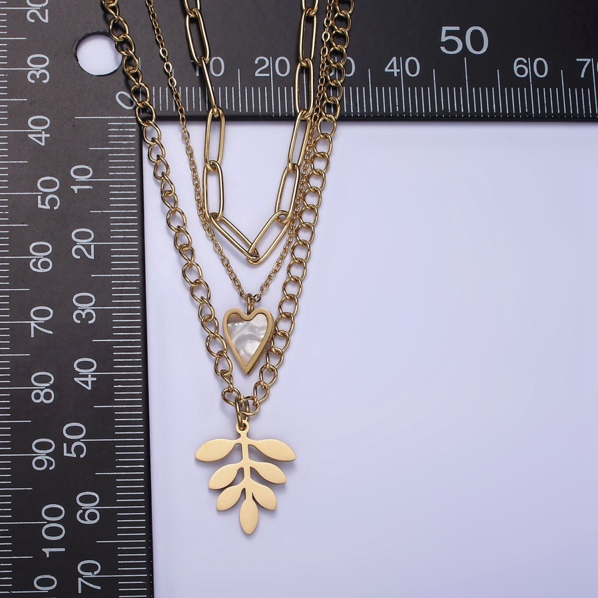 Stainless Steel Leaf Heart Shell Pearl Curb Cable Paperclip Triple Layer Stack Necklace | WA-2070 Clearance Pricing - DLUXCA