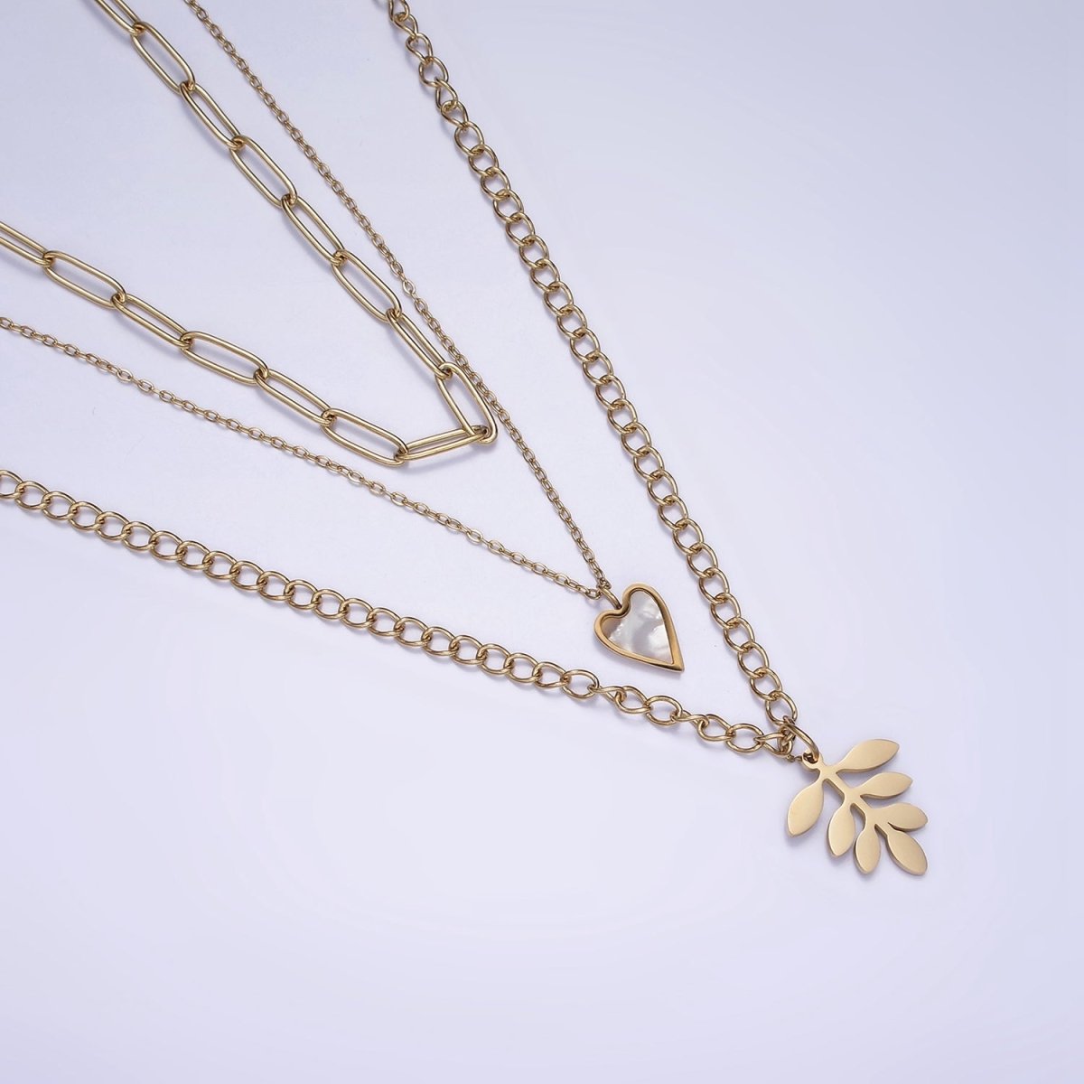Stainless Steel Leaf Heart Shell Pearl Curb Cable Paperclip Triple Layer Stack Necklace | WA-2070 Clearance Pricing - DLUXCA
