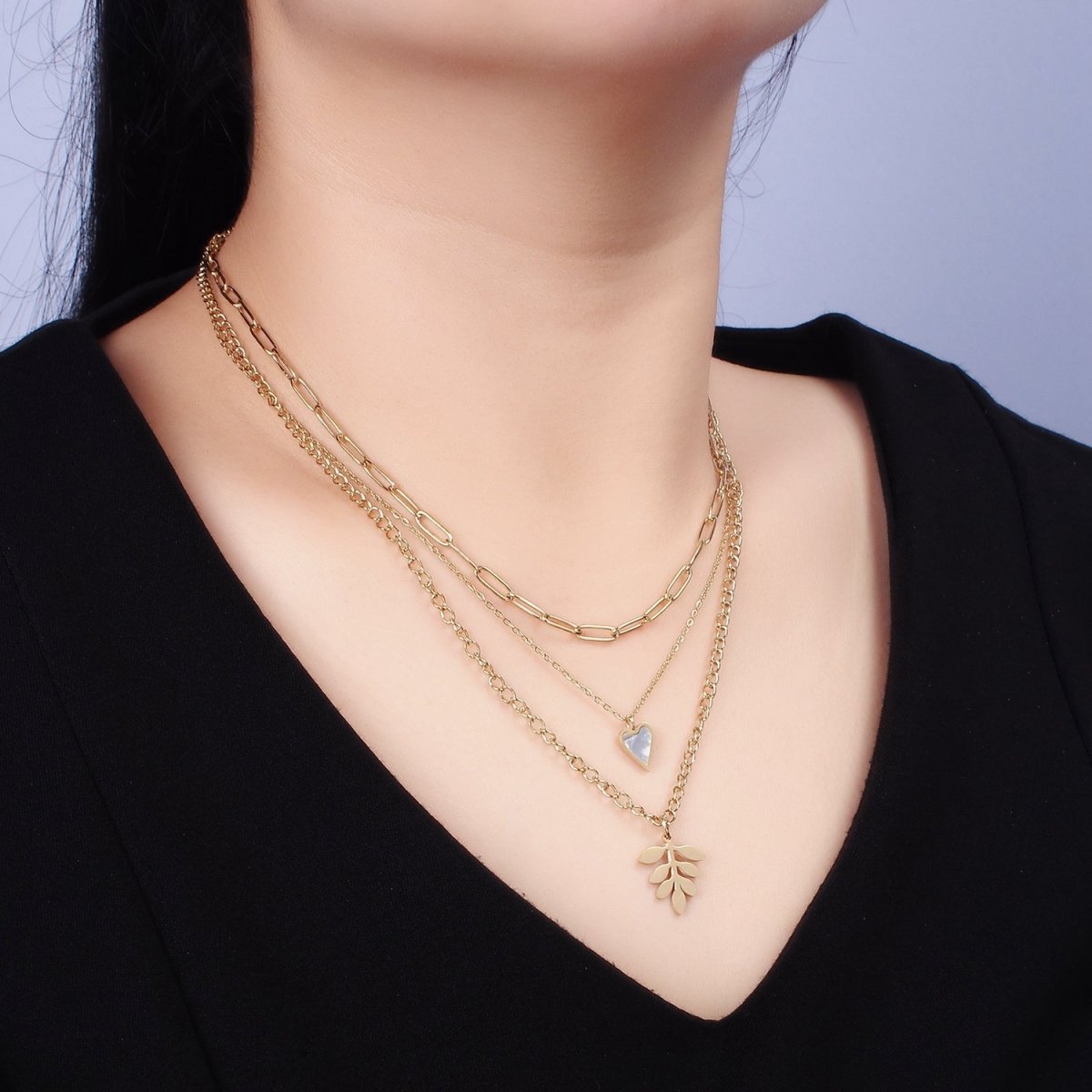 Stainless Steel Leaf Heart Shell Pearl Curb Cable Paperclip Triple Layer Stack Necklace | WA-2070 Clearance Pricing - DLUXCA