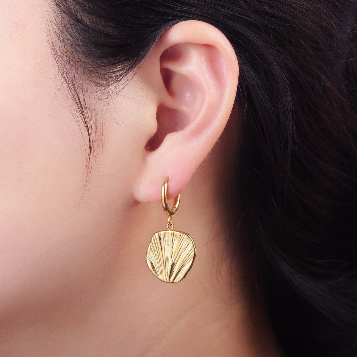 Stainless Steel Line-Textured Abstract Round Drop Huggie Earrings | AE458 - DLUXCA