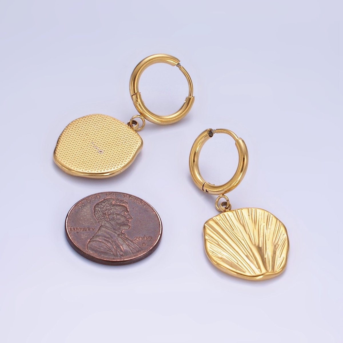 Stainless Steel Line-Textured Abstract Round Drop Huggie Earrings | AE458 - DLUXCA