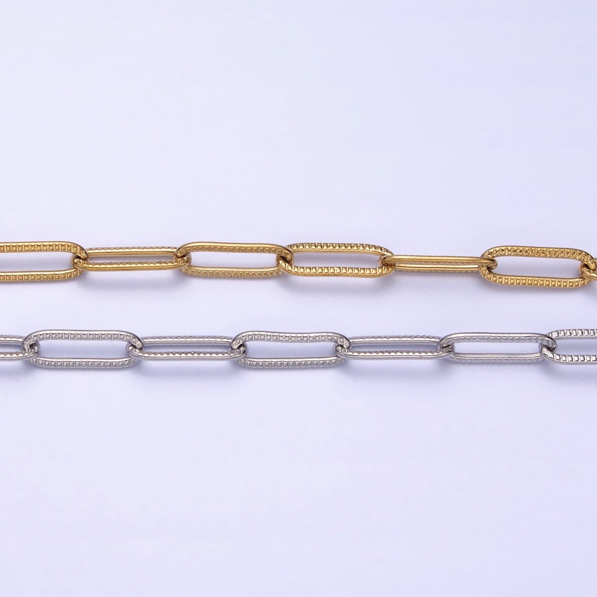 Stainless Steel Line-Textured PaperClip Unfinished 4mm Chain in Gold & SIlver | ROLL-1348 ROLL-1349 Clearance Pricing - DLUXCA