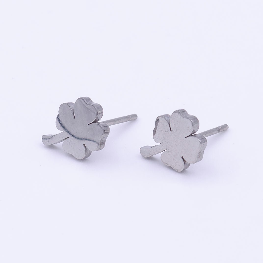 Stainless Steel Lucky Clover Leaf Quatrefoil Silver Stud Earrings | Y-244 - DLUXCA