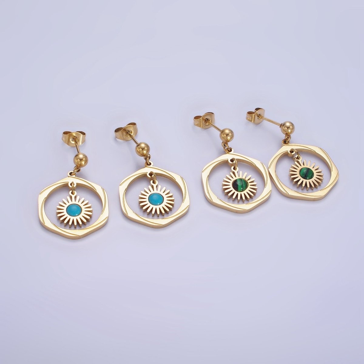 Stainless Steel Malachite, Turquoise Round Open Circular Lined Drop Stud Earrings | AE469 AE470 - DLUXCA