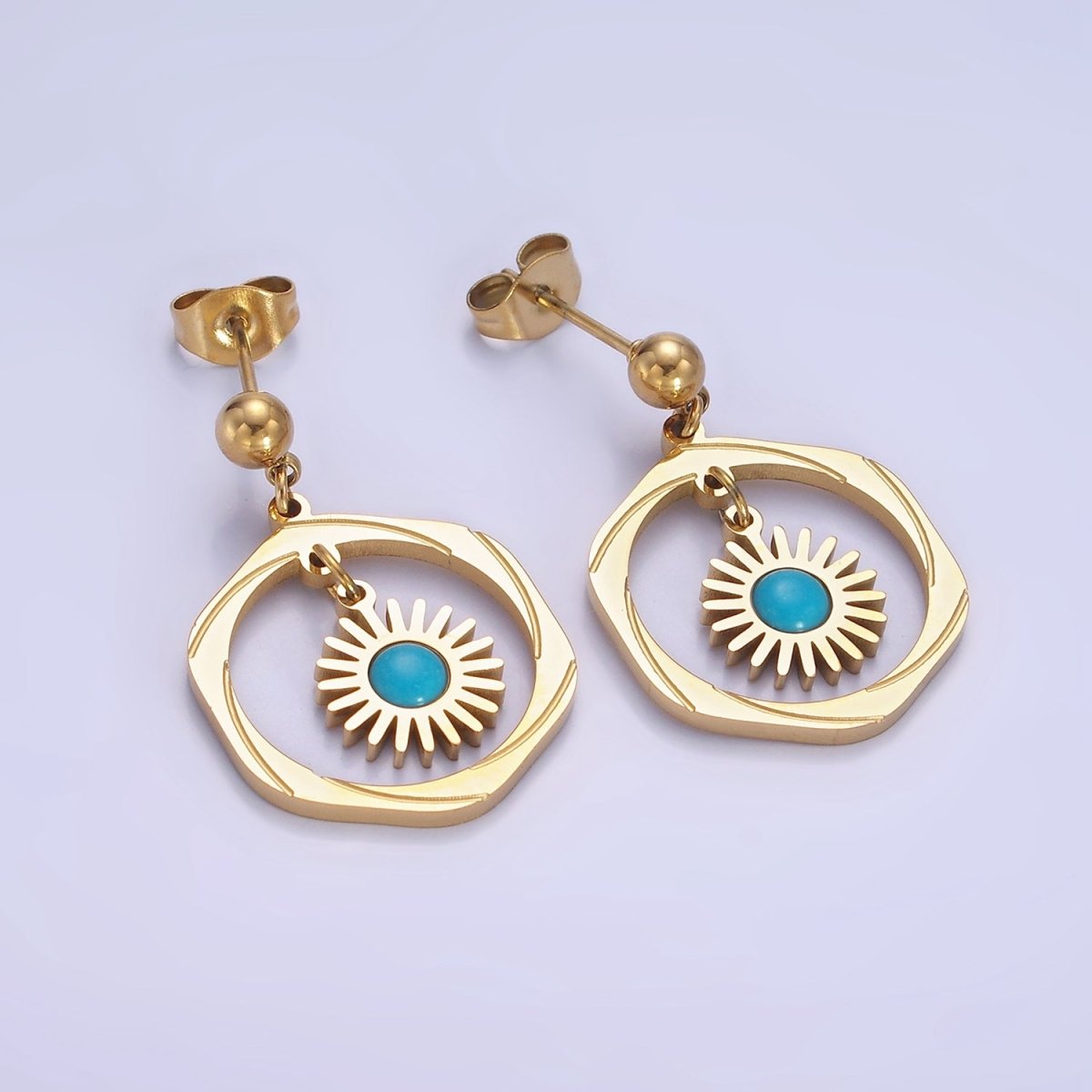 Stainless Steel Malachite, Turquoise Round Open Circular Lined Drop Stud Earrings | AE469 AE470 - DLUXCA