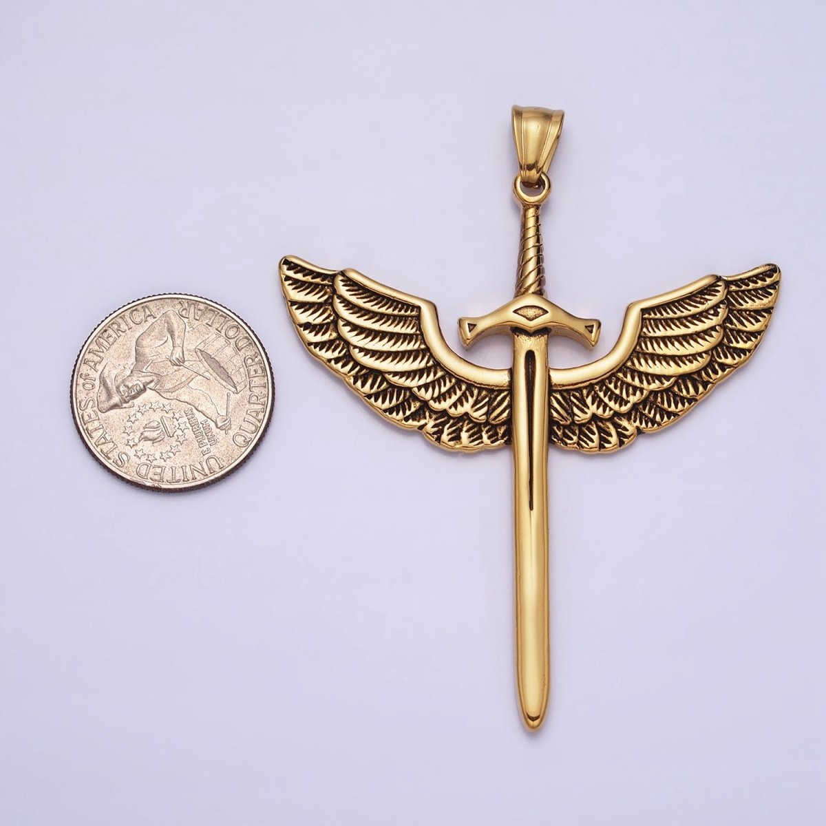 Stainless Steel Medieval Winged Sword Guardian Archangel Michael Pendant in Silver & Gold | P-1137 - DLUXCA