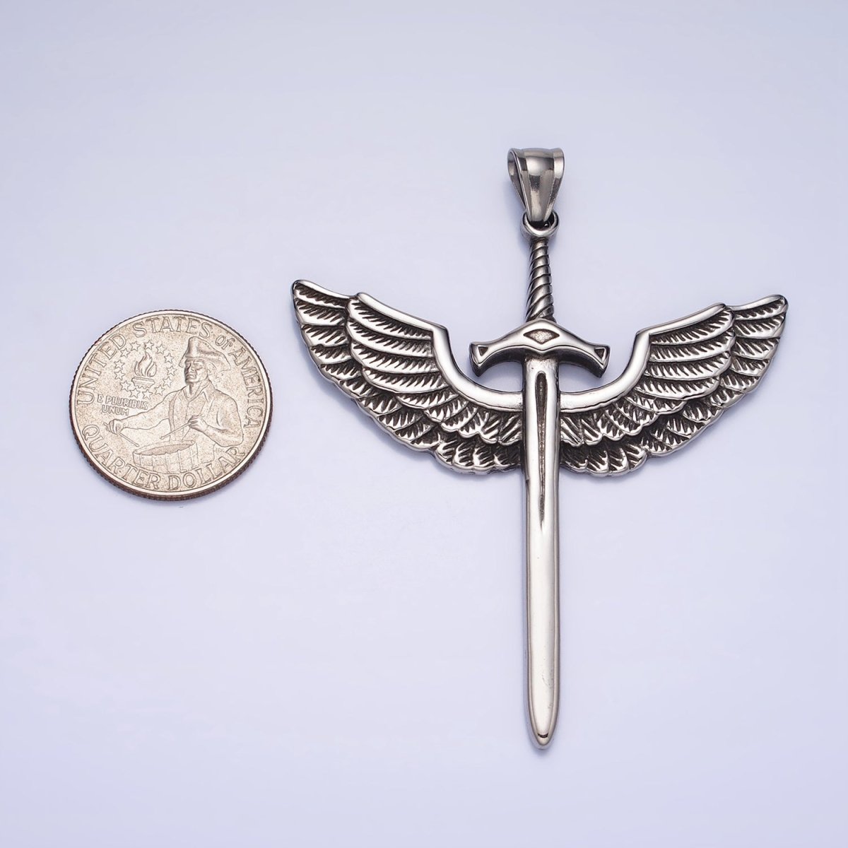 Stainless Steel Medieval Winged Sword Guardian Archangel Michael Pendant in Silver & Gold | P-1137 - DLUXCA