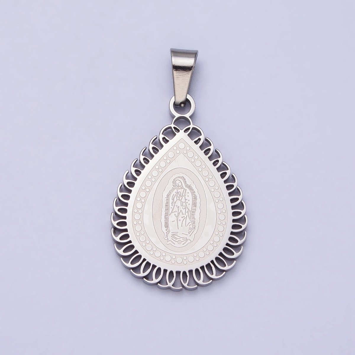 Stainless Steel Mother Mary Lady Guadalupe Engraved Teardrop Pendant in Gold & Silver J-640 J-641 - DLUXCA
