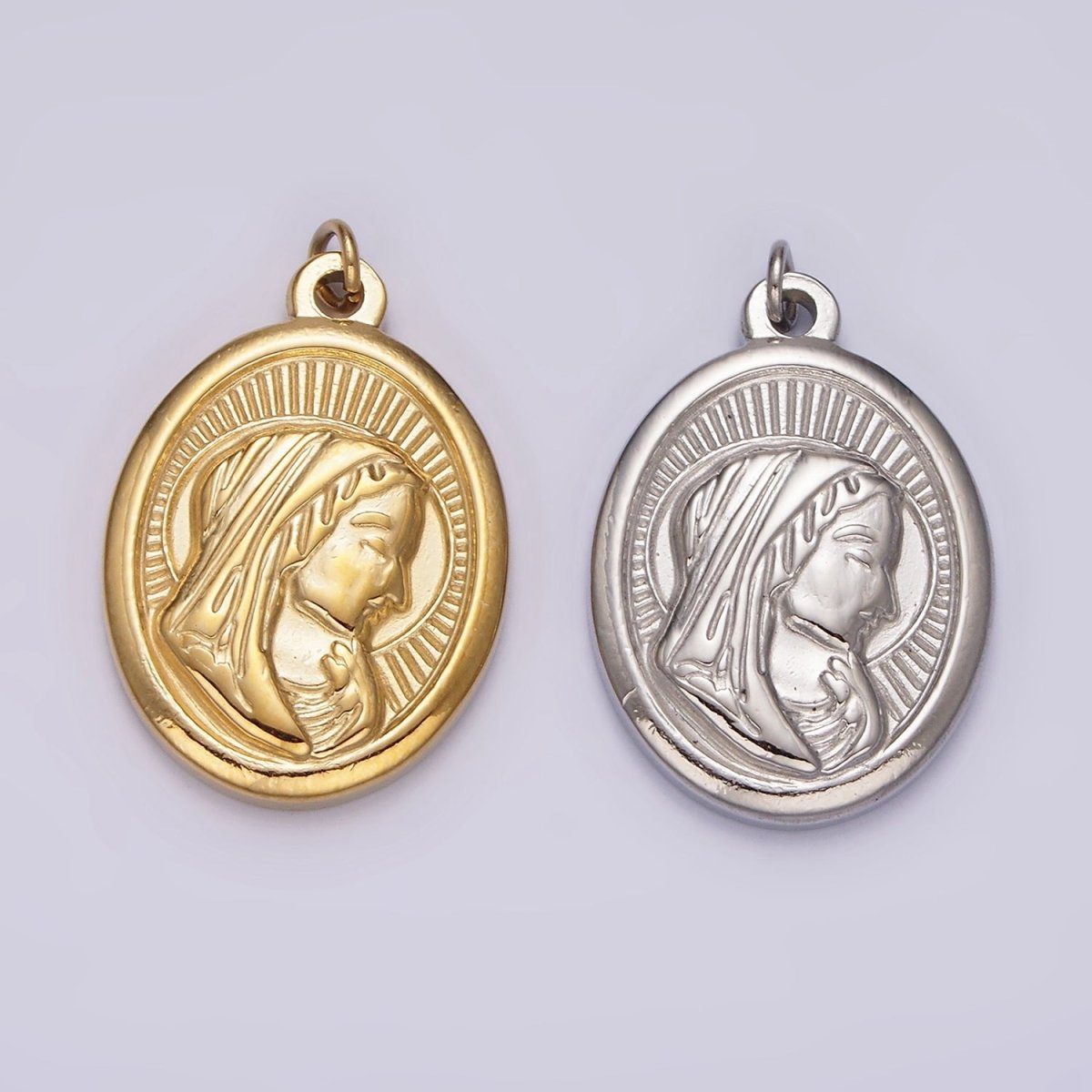 Stainless Steel Mother Mary Lady Guadalupe Portrait Sun Ray Oval Charm in Gold & Silver | P1290 P1291 - DLUXCA