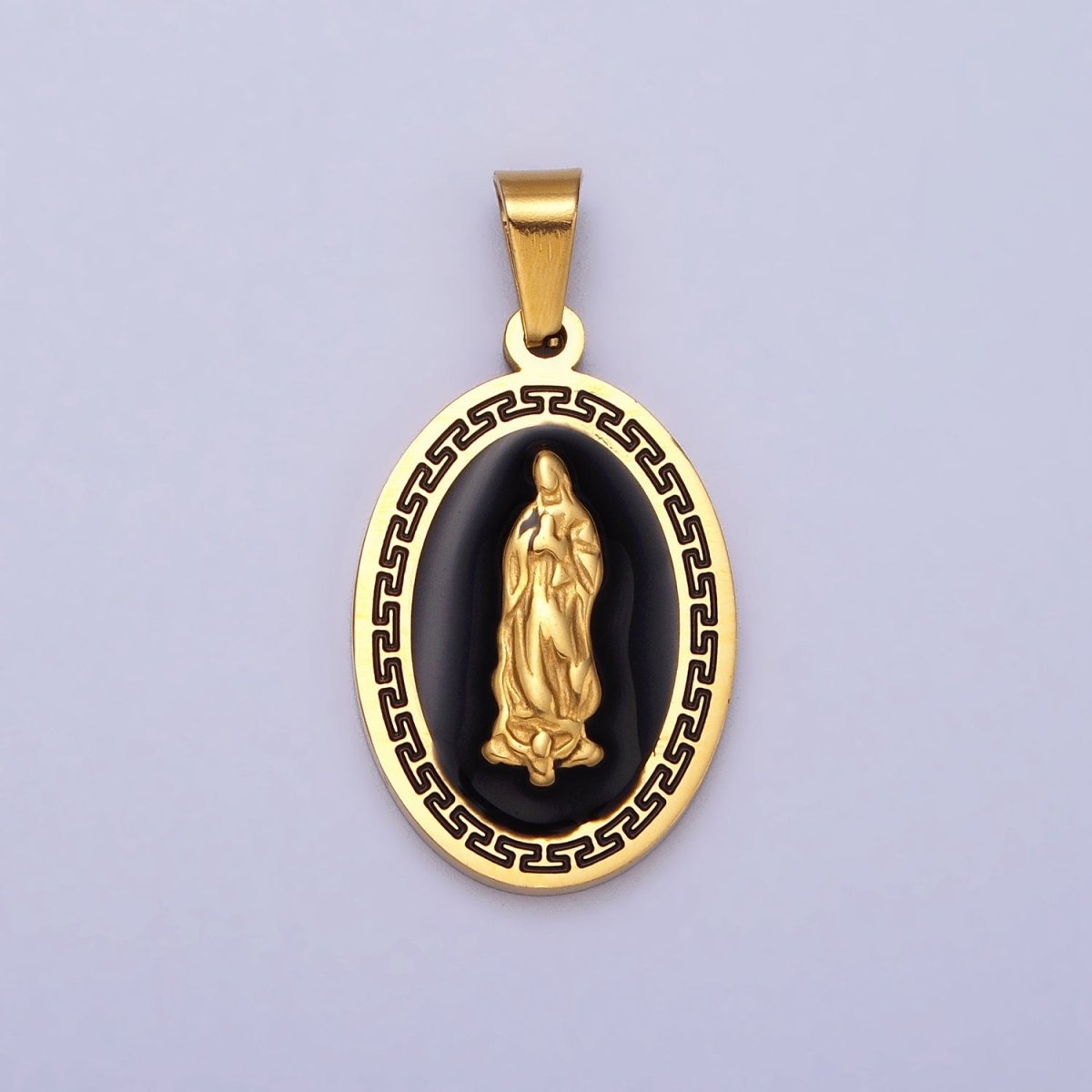 Stainless Steel Mother Virgin Mary Lady Guadalupe Black Enamel Oval Pendant in Gold & Silver J-619 J-625 - DLUXCA