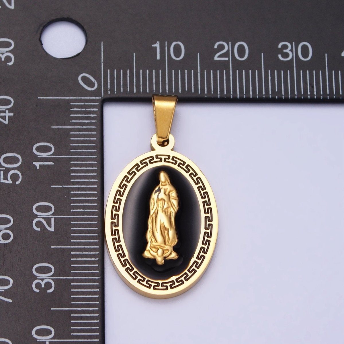 Stainless Steel Mother Virgin Mary Lady Guadalupe Black Enamel Oval Pendant in Gold & Silver J-619 J-625 - DLUXCA