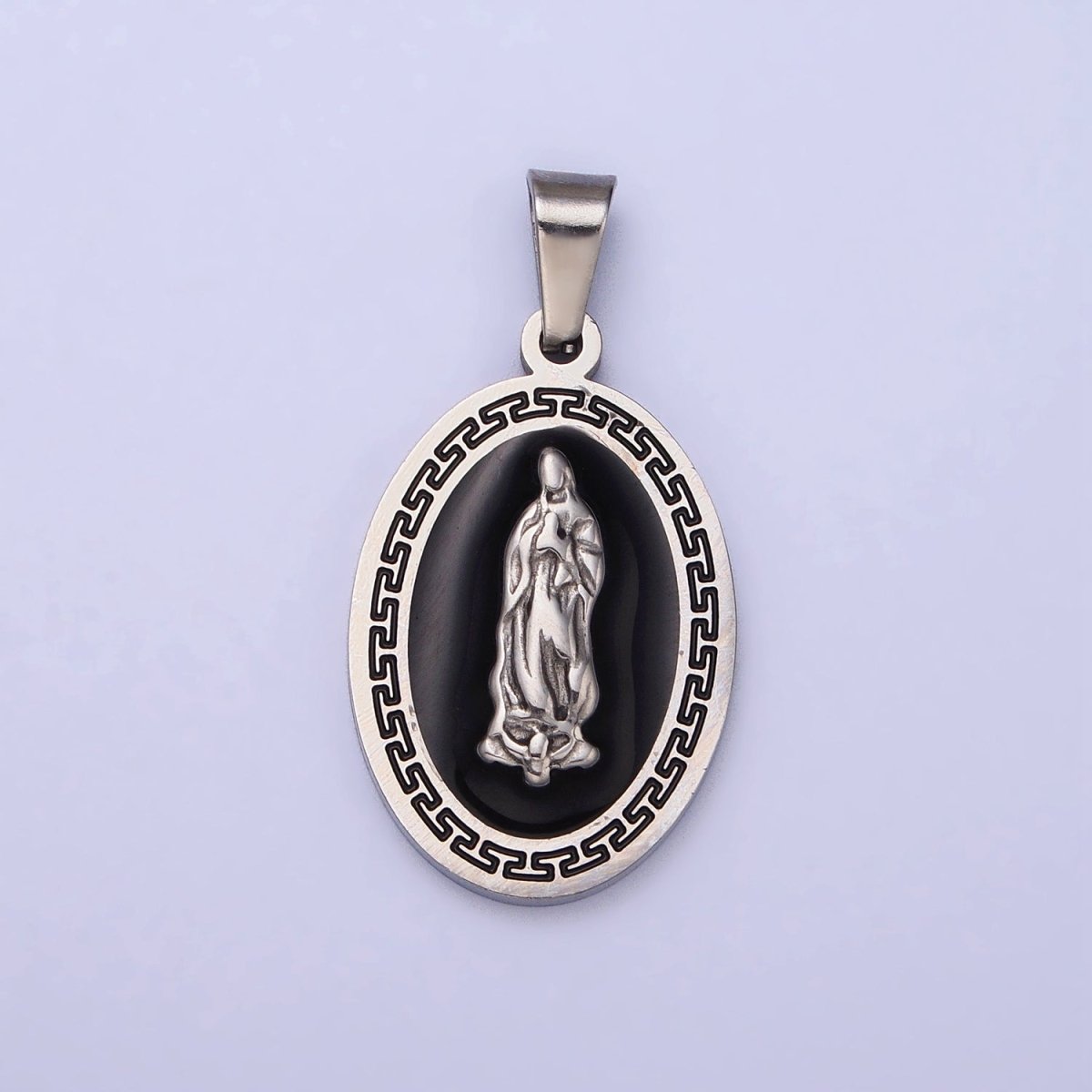 Stainless Steel Mother Virgin Mary Lady Guadalupe Black Enamel Oval Pendant in Gold & Silver J-619 J-625 - DLUXCA