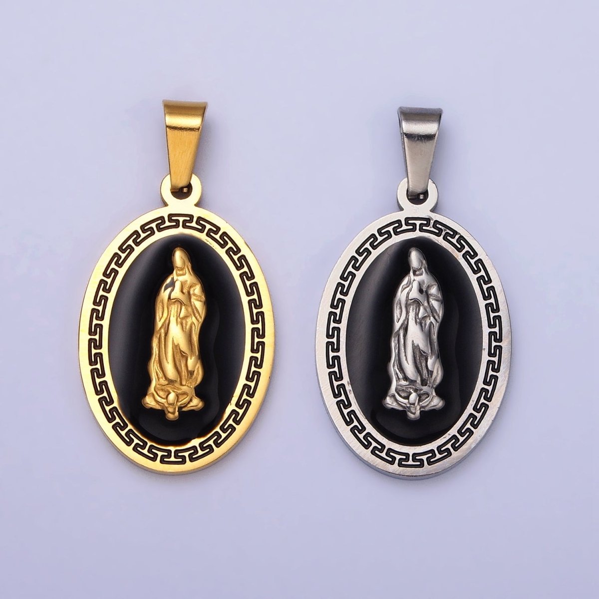 Stainless Steel Mother Virgin Mary Lady Guadalupe Black Enamel Oval Pendant in Gold & Silver J-619 J-625 - DLUXCA